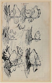 cartoon drawing of a bird and chick by robert lenkiewicz (1941-2002)